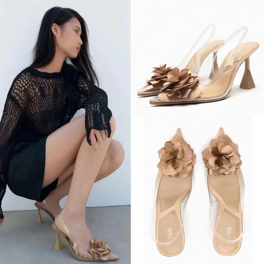 Zara Satin Flower Embellished Heels - NWT